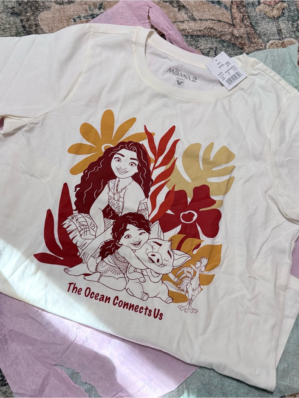 Disney Kids Cream Graphic Tee with Red and Mustard Floral Art
